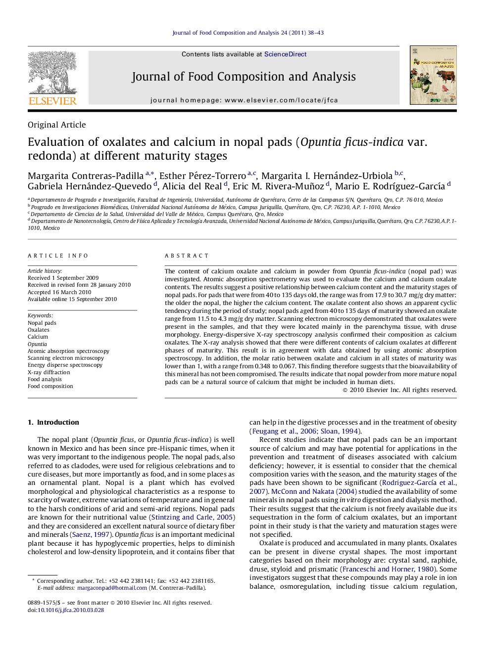 Evaluation of oxalates and calcium in nopal pads (Opuntia ficus-indica var. redonda) at different maturity stages