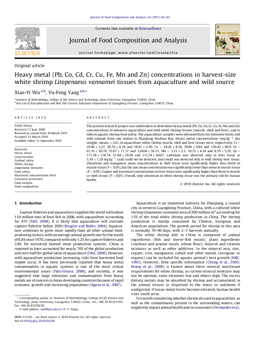 Heavy metal (Pb, Co, Cd, Cr, Cu, Fe, Mn and Zn) concentrations in harvest-size white shrimp Litopenaeus vannamei tissues from aquaculture and wild source