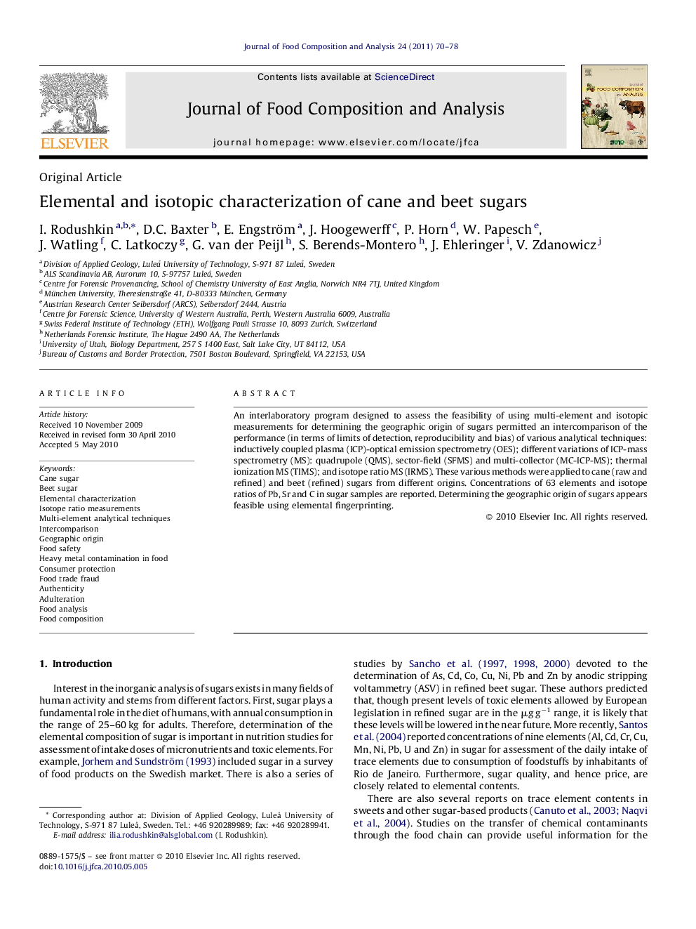 Elemental and isotopic characterization of cane and beet sugars