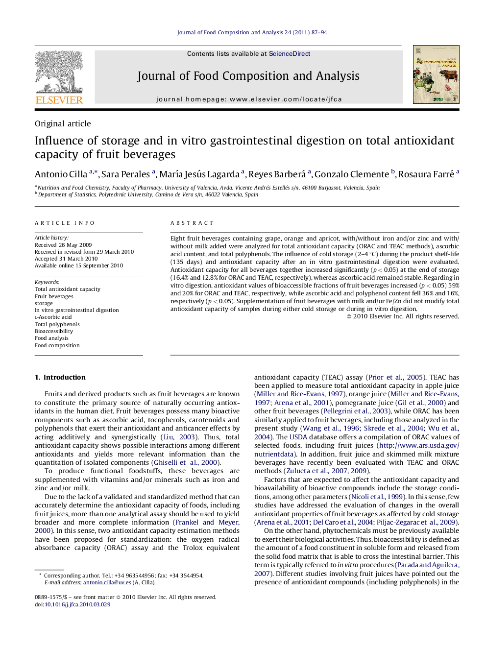 Influence of storage and in vitro gastrointestinal digestion on total antioxidant capacity of fruit beverages