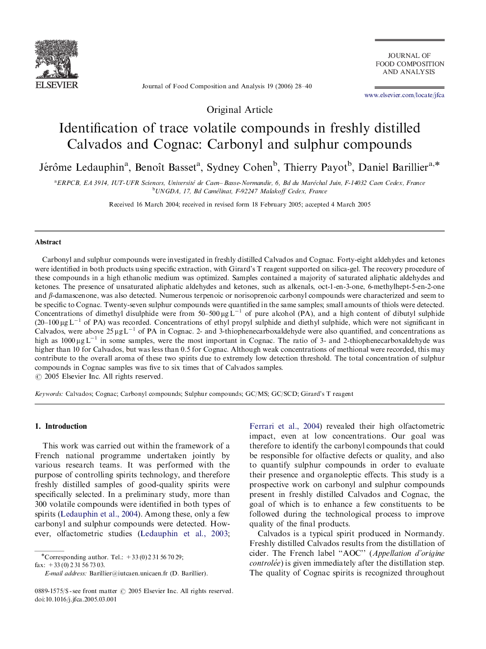 Identification of trace volatile compounds in freshly distilled Calvados and Cognac: Carbonyl and sulphur compounds