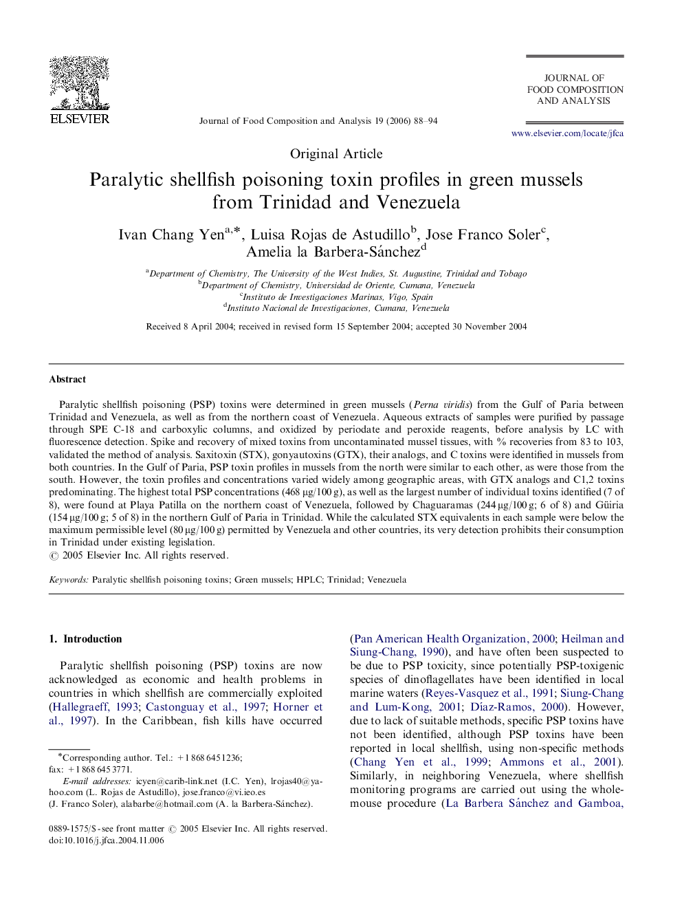 Paralytic shellfish poisoning toxin profiles in green mussels from Trinidad and Venezuela