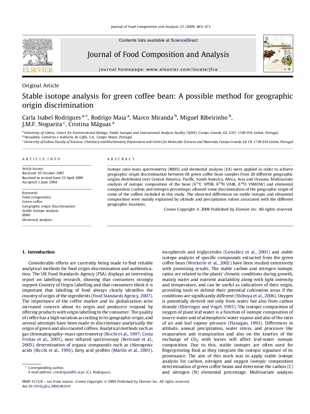 Stable isotope analysis for green coffee bean: A possible method for geographic origin discrimination