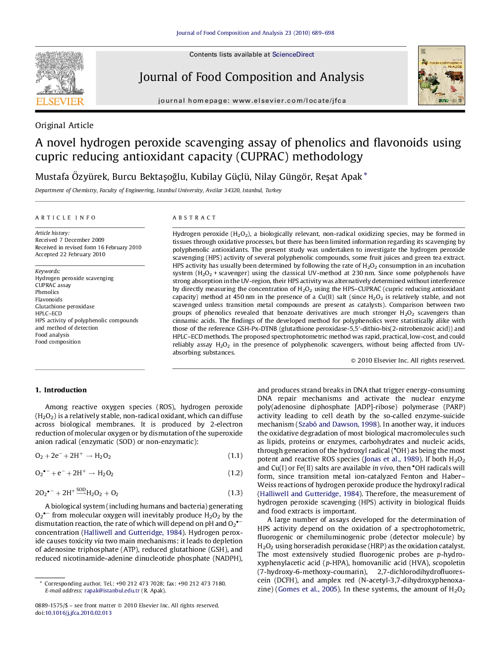 A novel hydrogen peroxide scavenging assay of phenolics and flavonoids using cupric reducing antioxidant capacity (CUPRAC) methodology