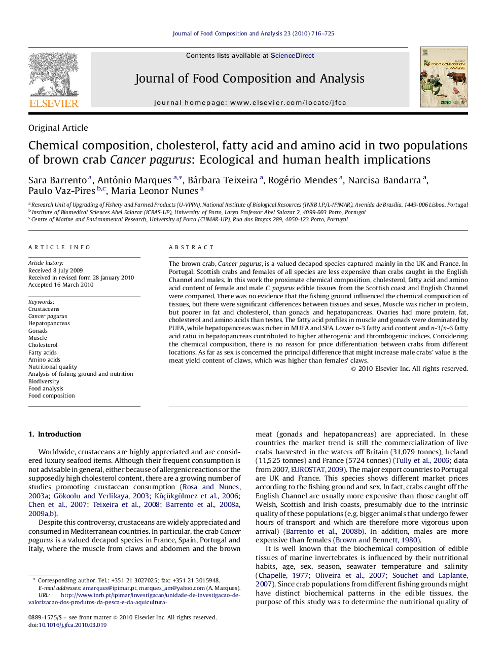 Chemical composition, cholesterol, fatty acid and amino acid in two populations of brown crab Cancer pagurus: Ecological and human health implications