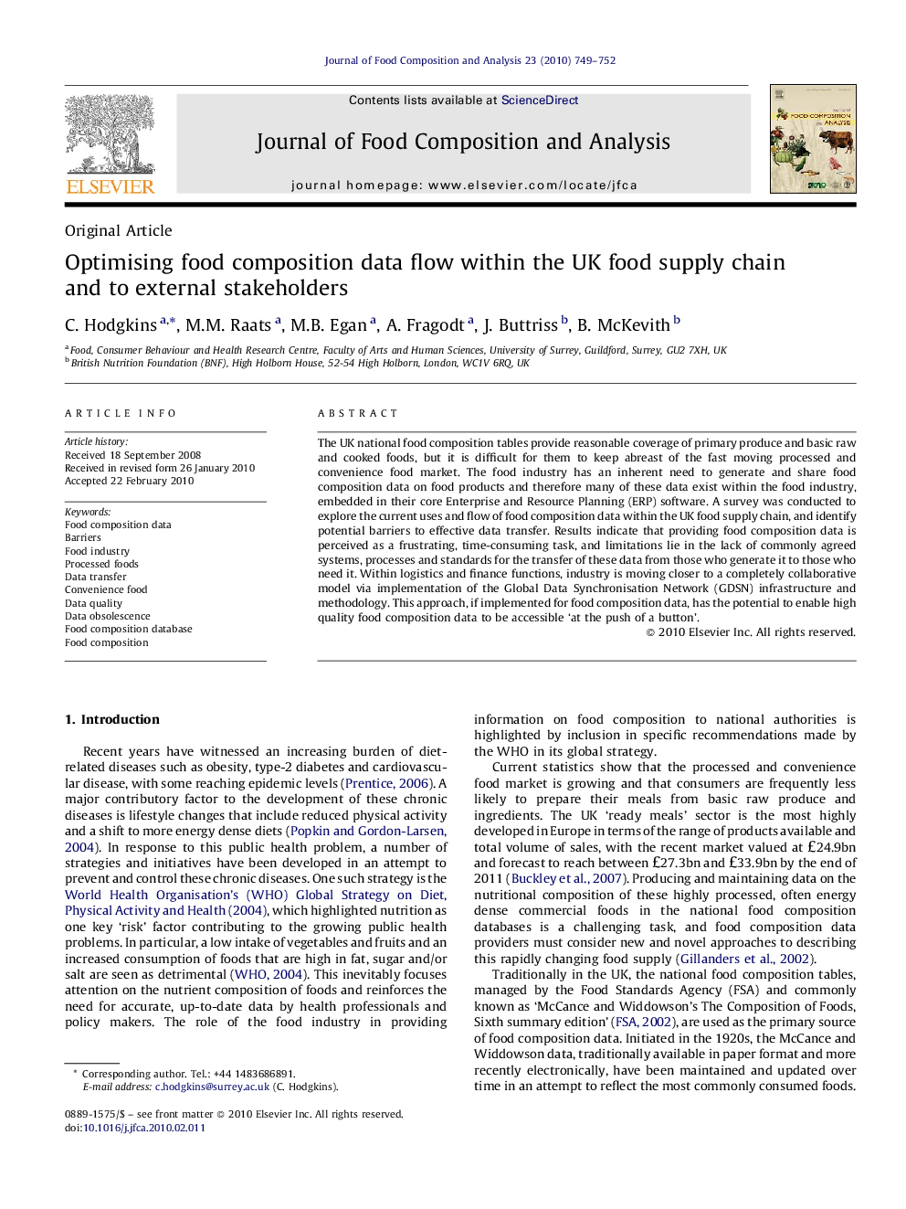 Optimising food composition data flow within the UK food supply chain and to external stakeholders