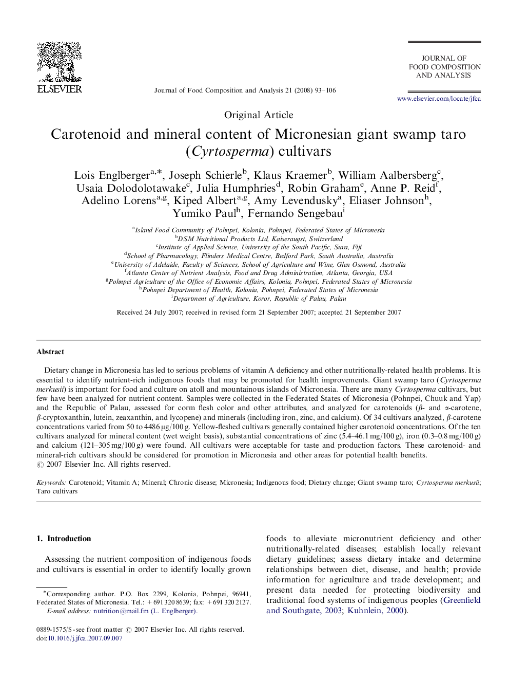 Carotenoid and mineral content of Micronesian giant swamp taro (Cyrtosperma) cultivars