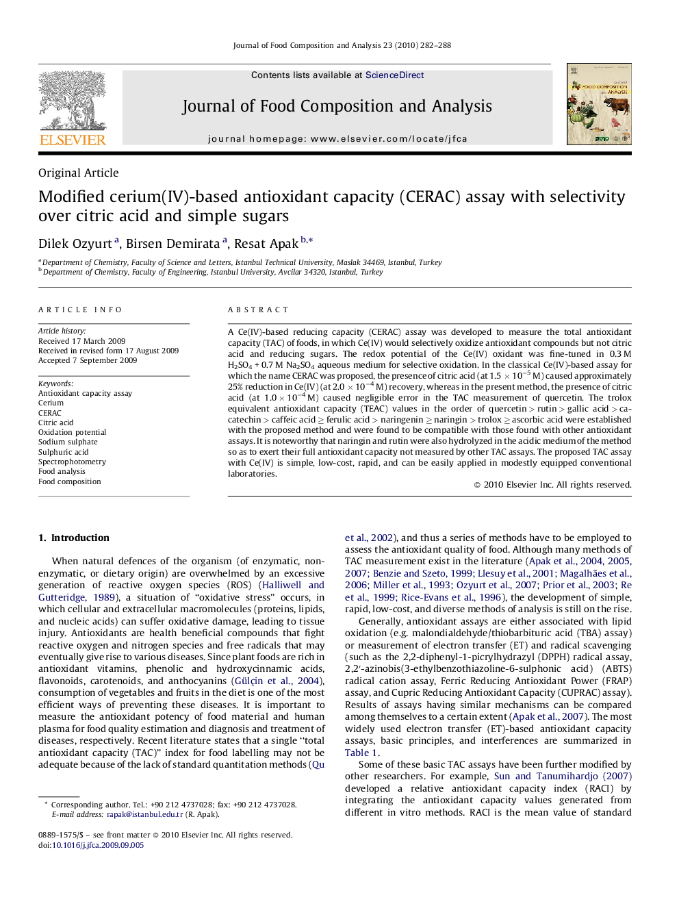 Modified cerium(IV)-based antioxidant capacity (CERAC) assay with selectivity over citric acid and simple sugars