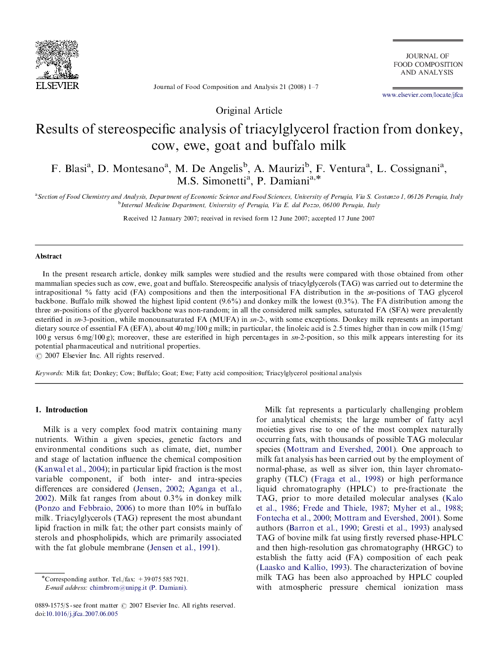 Results of stereospecific analysis of triacylglycerol fraction from donkey, cow, ewe, goat and buffalo milk