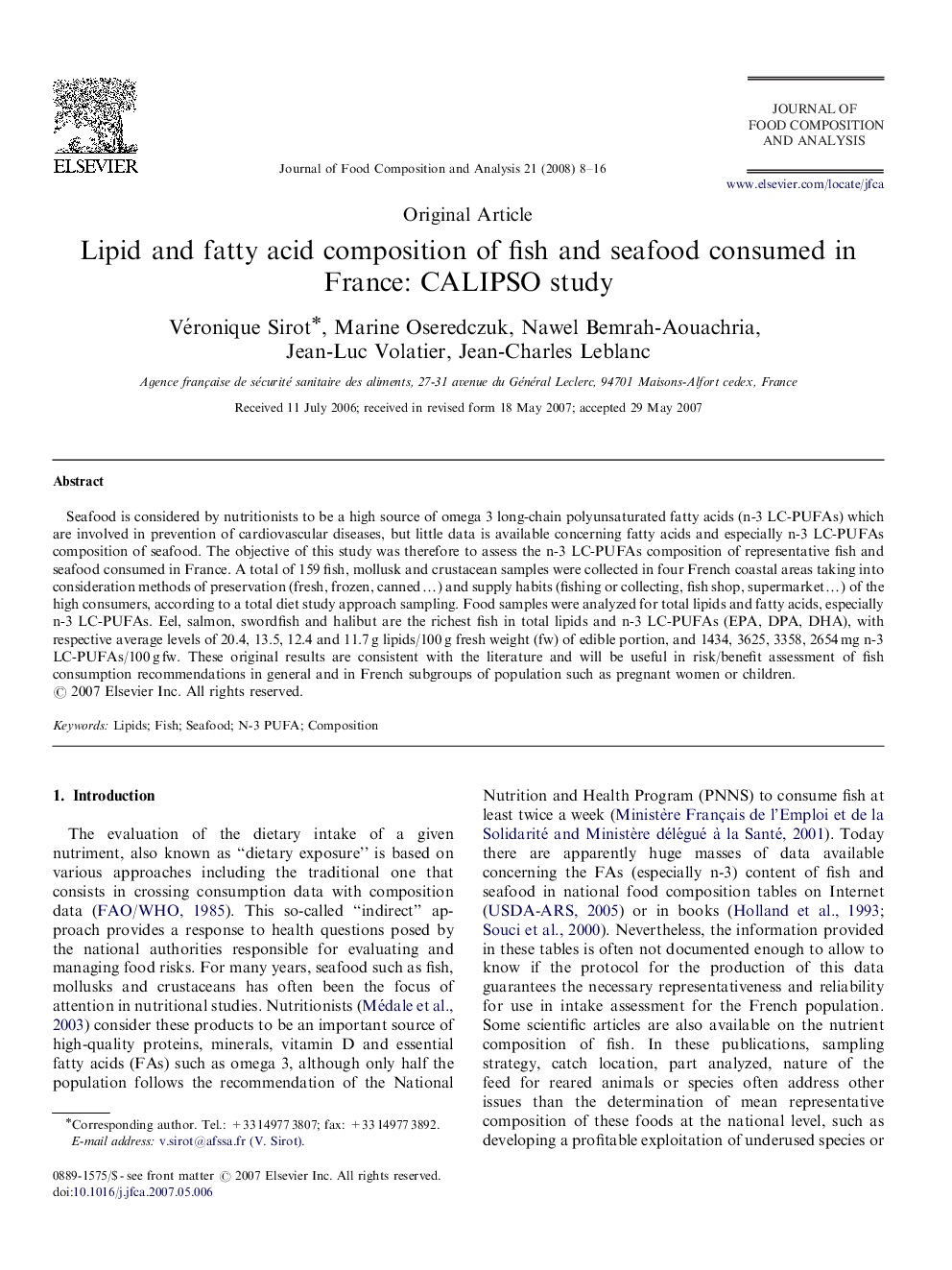 عکس صفحه اول مقاله: Lipid and fatty acid composition of fish and seafood consumed in France: CALIPSO study Lipid and fatty acid composition of fish and seafood consumed in France: CALIPSO study