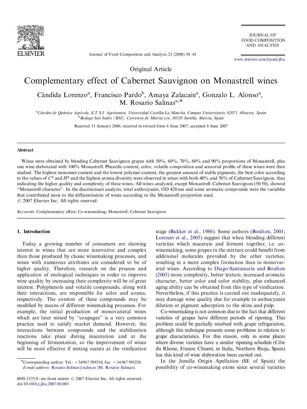 Complementary effect of Cabernet Sauvignon on Monastrell wines