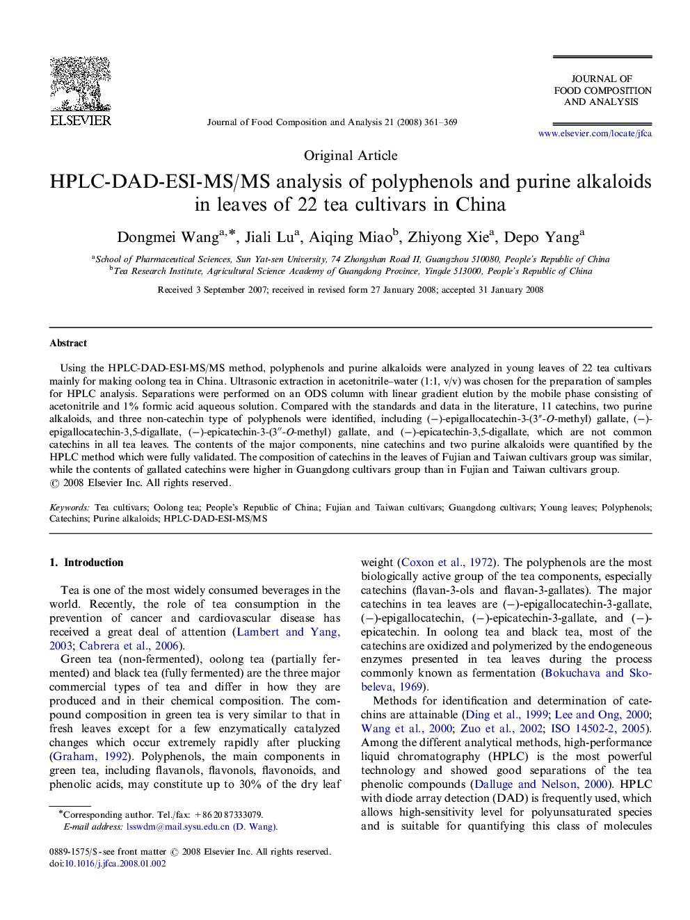عکس صفحه اول مقاله: HPLC-DAD-ESI-MS/MS analysis of polyphenols and purine alkaloids in leaves of 22 tea cultivars in China HPLC-DAD-ESI-MS/MS analysis of polyphenols and purine alkaloids in leaves of 22 tea cultivars in China
