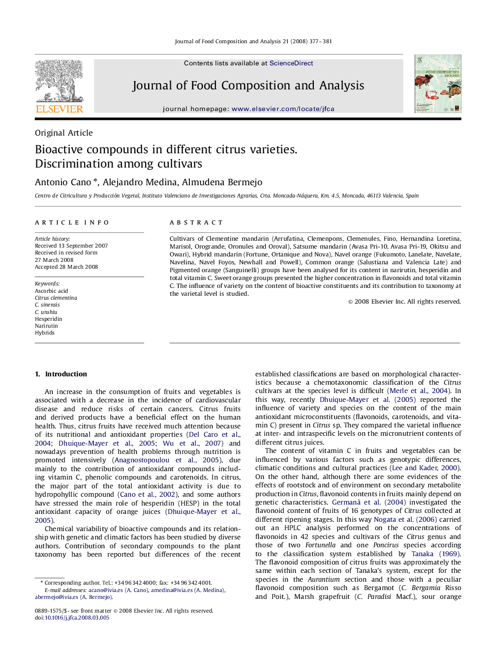 Bioactive compounds in different citrus varieties. Discrimination among cultivars