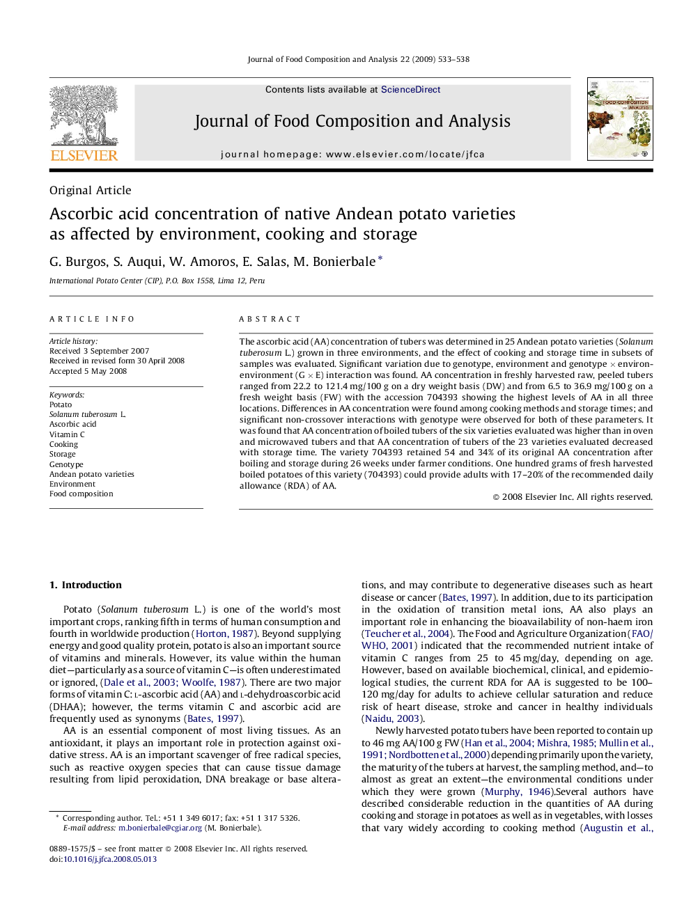Ascorbic acid concentration of native Andean potato varieties as affected by environment, cooking and storage