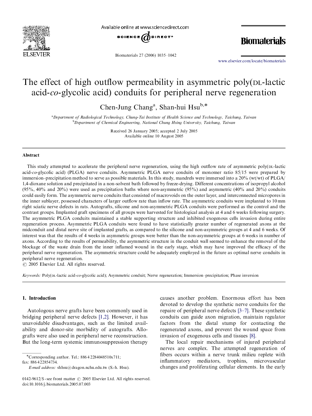 The effect of high outflow permeability in asymmetric poly(dl-lactic acid-co-glycolic acid) conduits for peripheral nerve regeneration