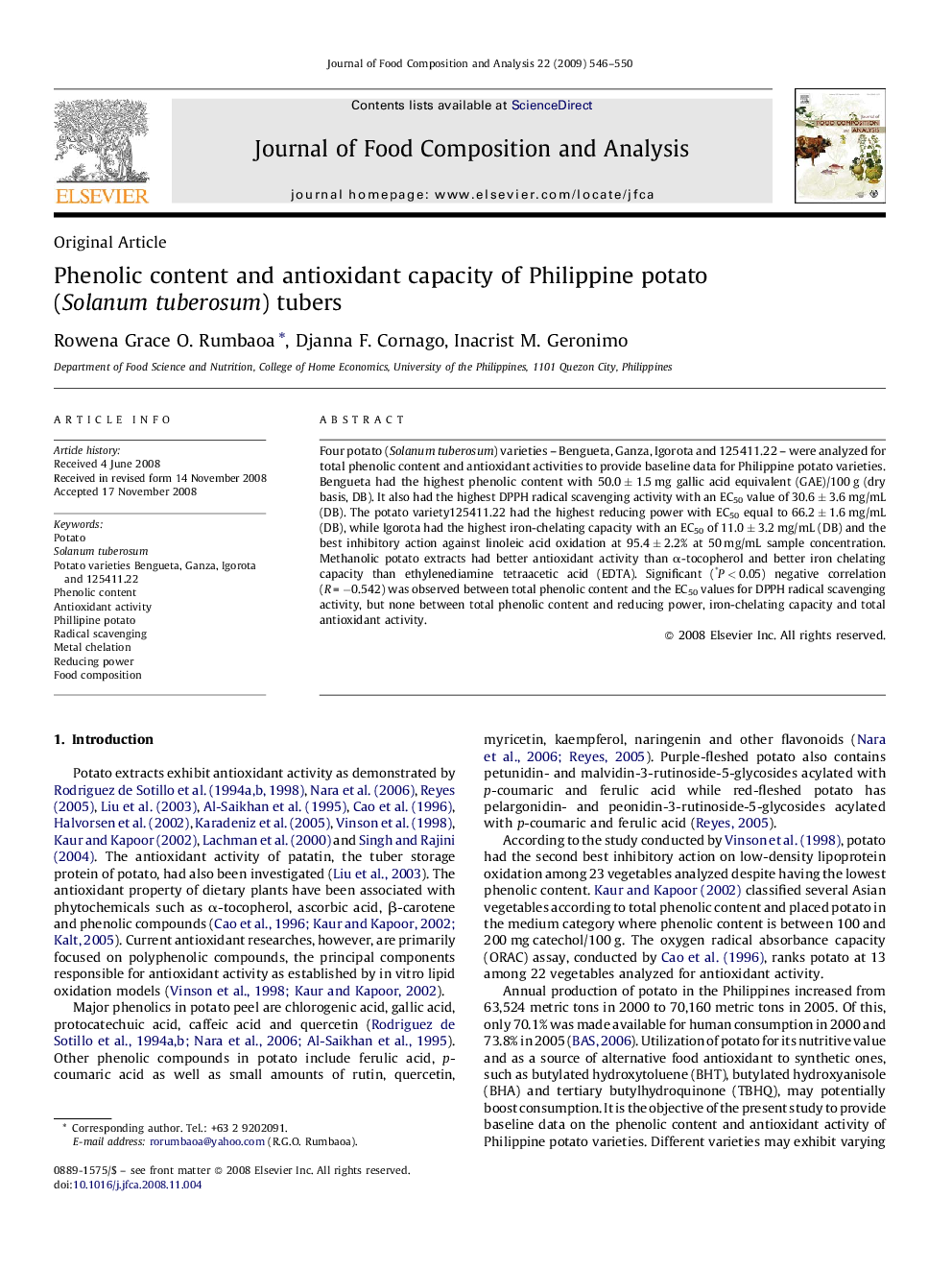 Phenolic content and antioxidant capacity of Philippine potato (Solanum tuberosum) tubers