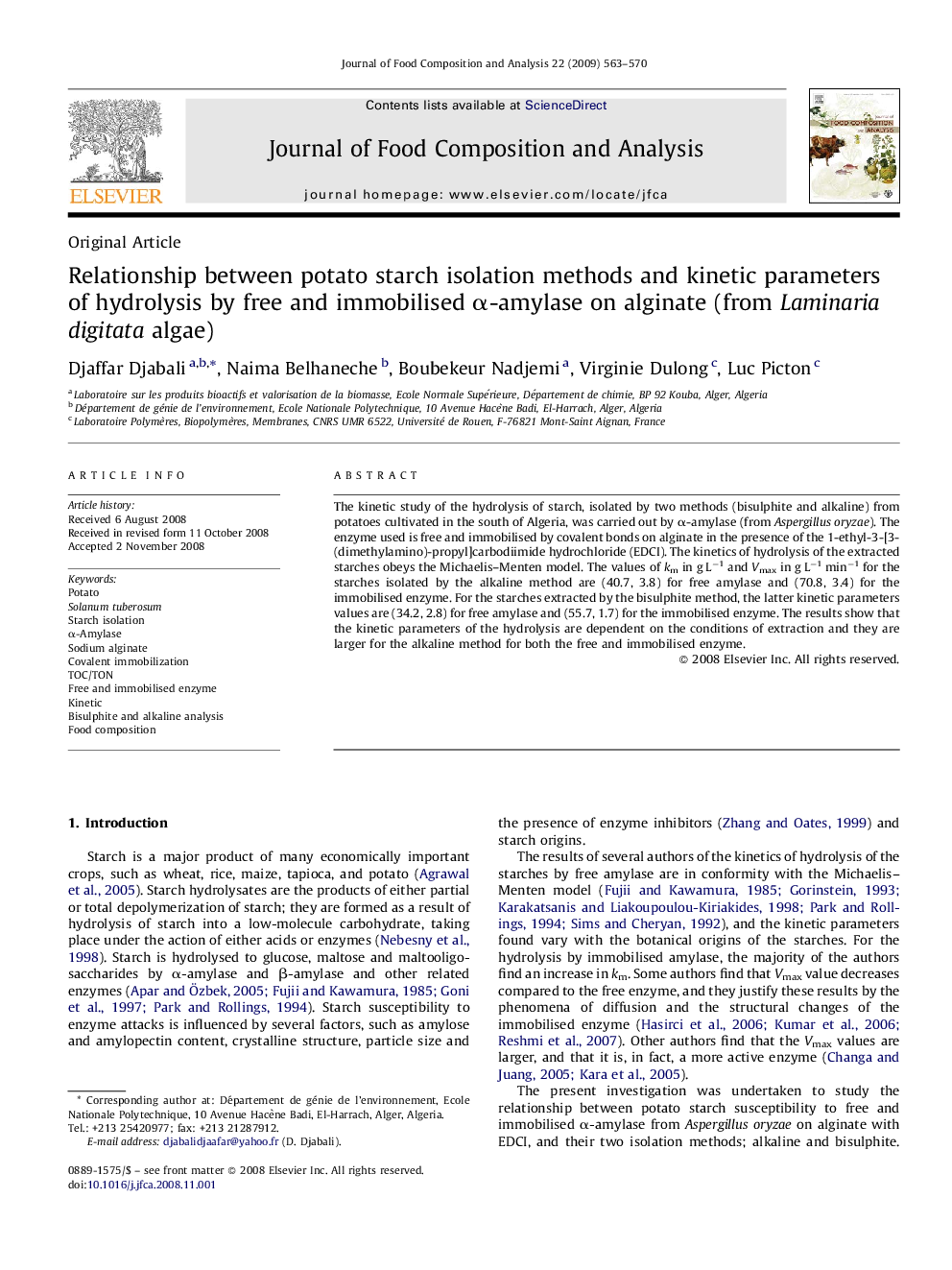 Relationship between potato starch isolation methods and kinetic parameters of hydrolysis by free and immobilised α-amylase on alginate (from Laminaria digitata algae)