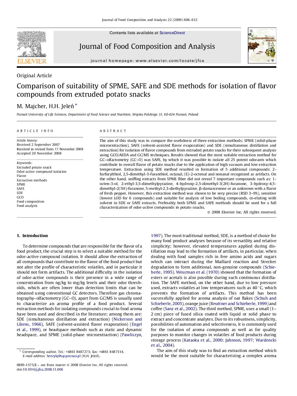 Comparison of suitability of SPME, SAFE and SDE methods for isolation of flavor compounds from extruded potato snacks