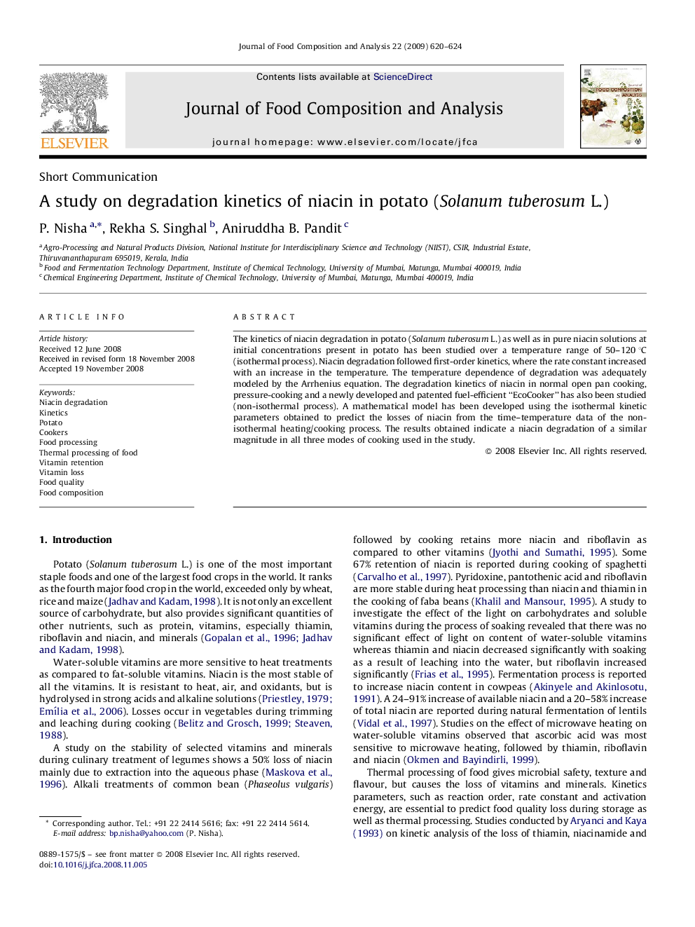 A study on degradation kinetics of niacin in potato (Solanum tuberosum L.)