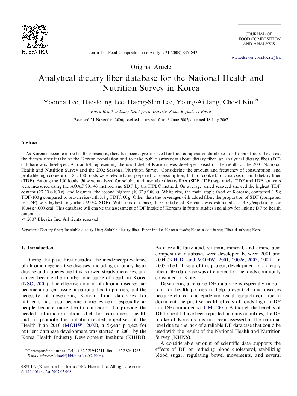 Analytical dietary fiber database for the National Health and Nutrition Survey in Korea