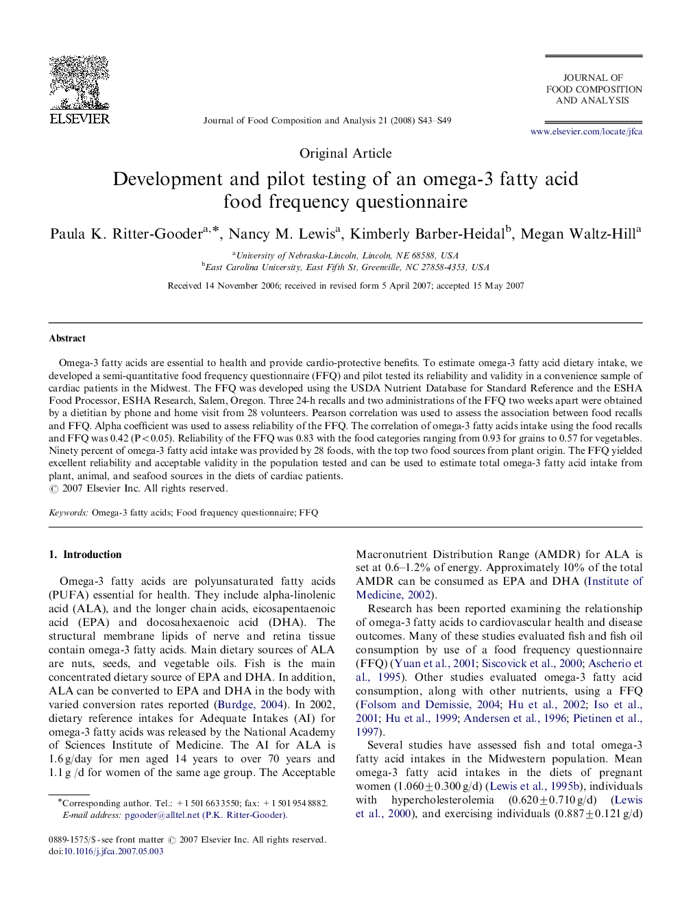 Development and pilot testing of an omega-3 fatty acid food frequency questionnaire