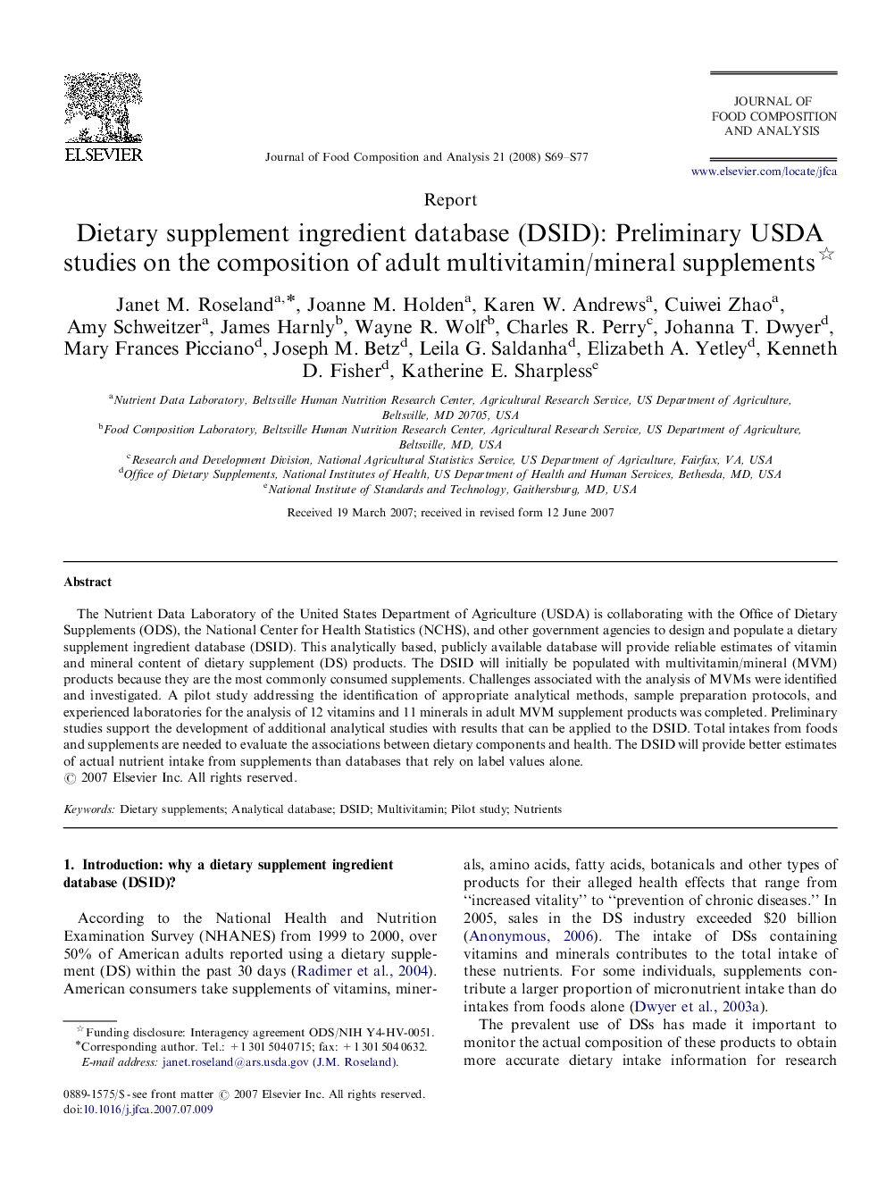 Dietary supplement ingredient database (DSID): Preliminary USDA studies on the composition of adult multivitamin/mineral supplements 