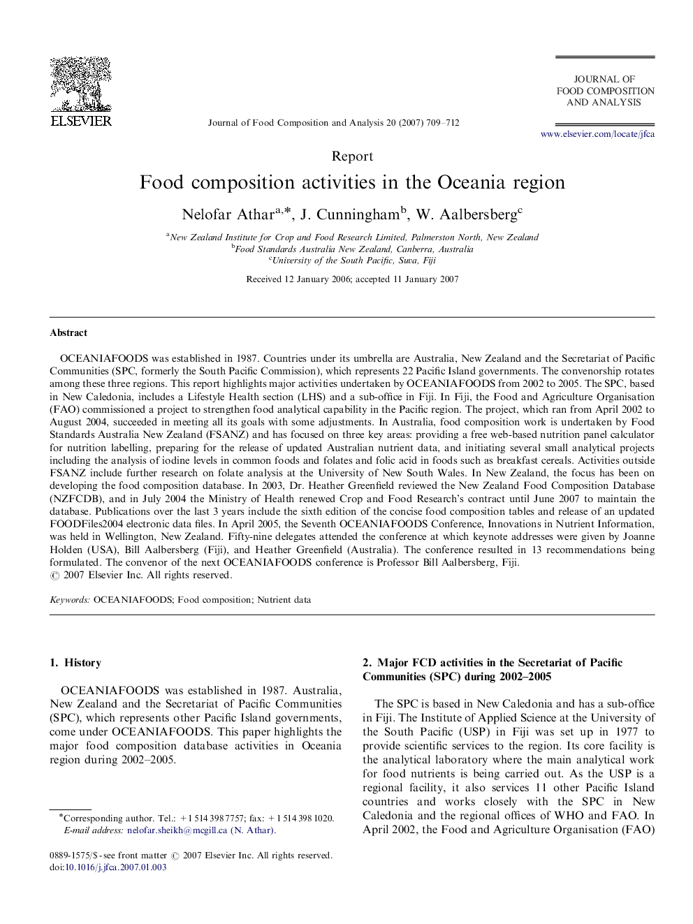 Food composition activities in the Oceania region