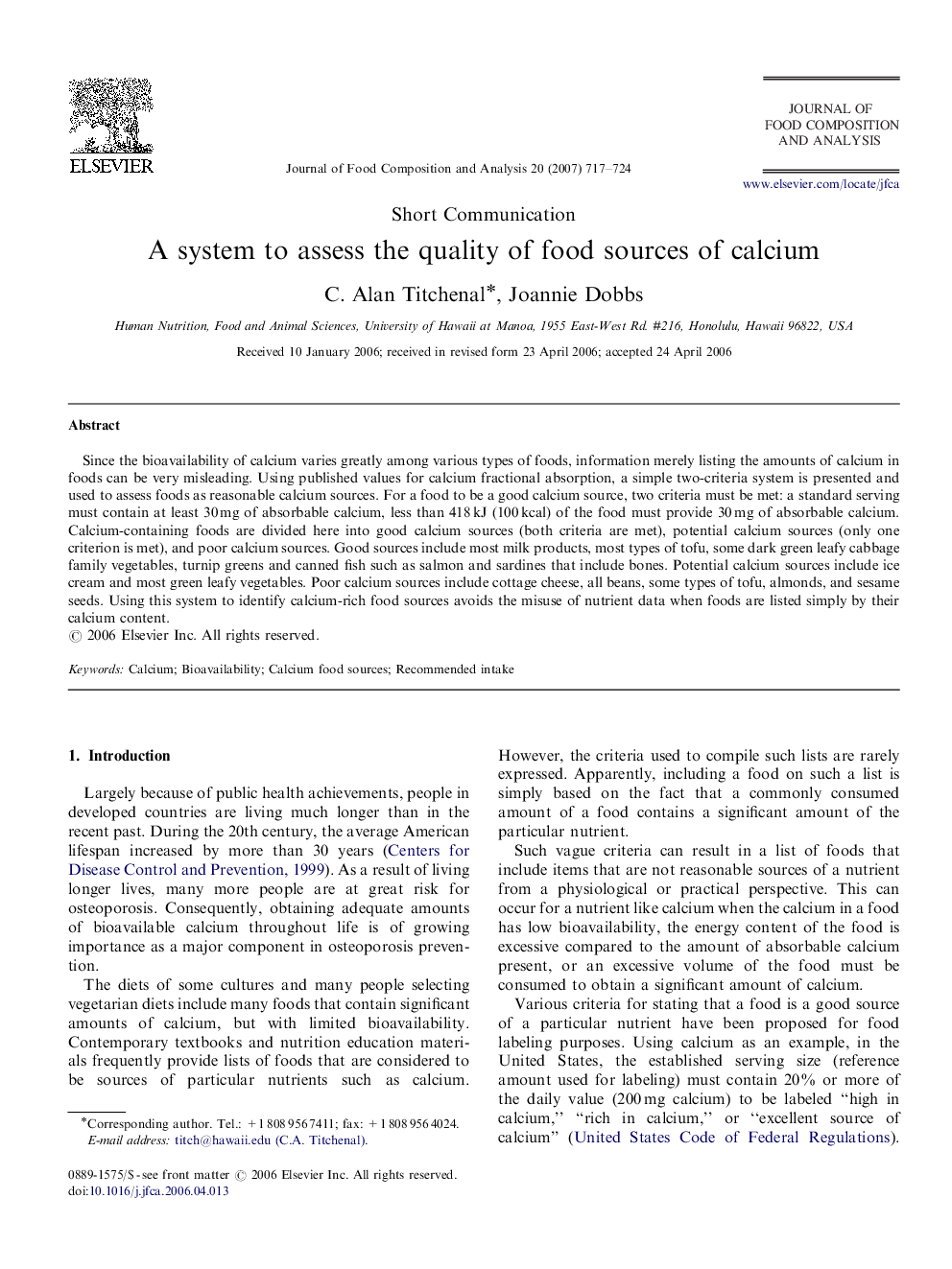 عکس صفحه اول مقاله: A system to assess the quality of food sources of calcium A system to assess the quality of food sources of calcium