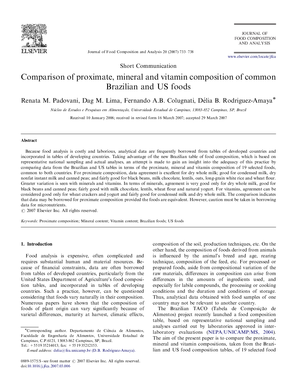 Comparison of proximate, mineral and vitamin composition of common Brazilian and US foods