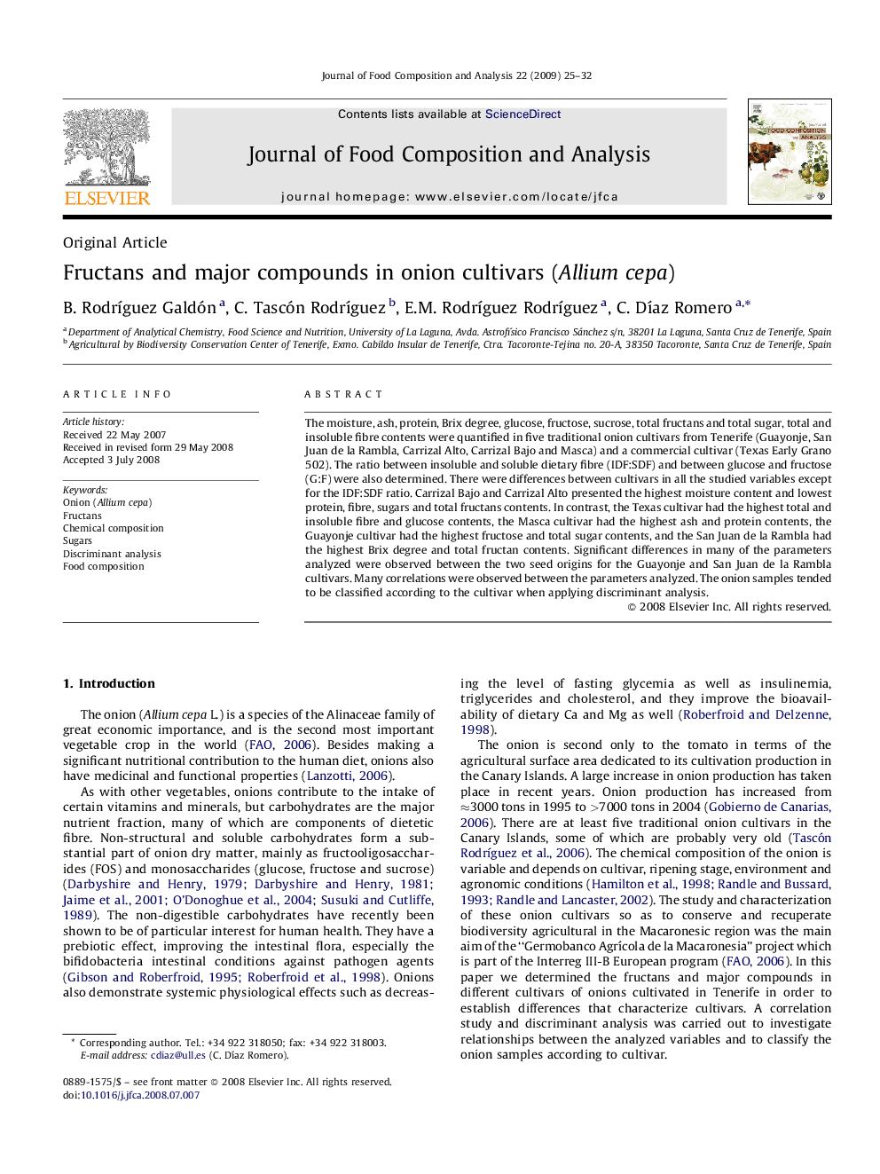 عکس صفحه اول مقاله: Fructans and major compounds in onion cultivars (Allium cepa) Fructans and major compounds in onion cultivars (Allium cepa)