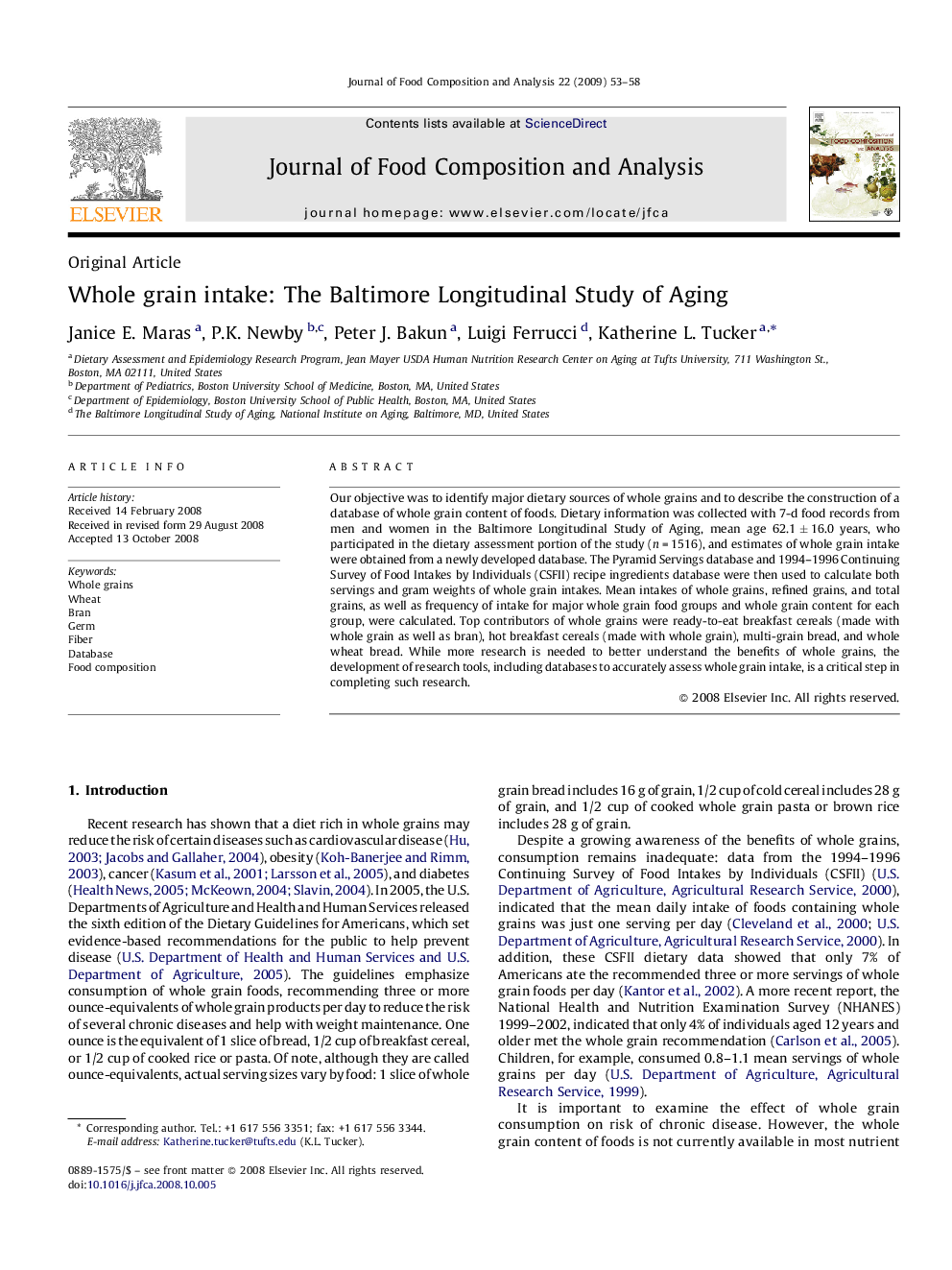 Whole grain intake: The Baltimore Longitudinal Study of Aging