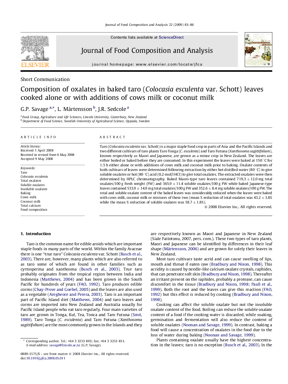 Composition of oxalates in baked taro (Colocasia esculenta var. Schott) leaves cooked alone or with additions of cows milk or coconut milk