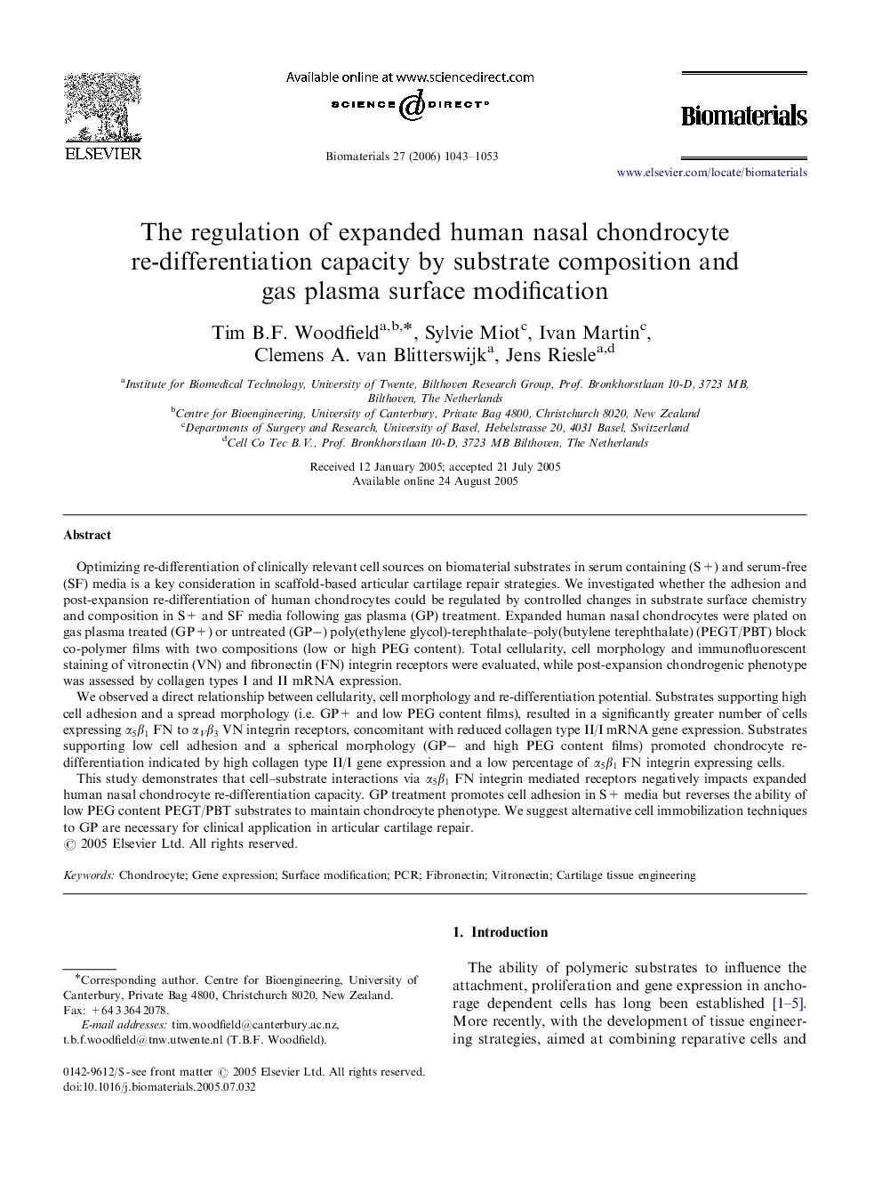 The regulation of expanded human nasal chondrocyte re-differentiation capacity by substrate composition and gas plasma surface modification