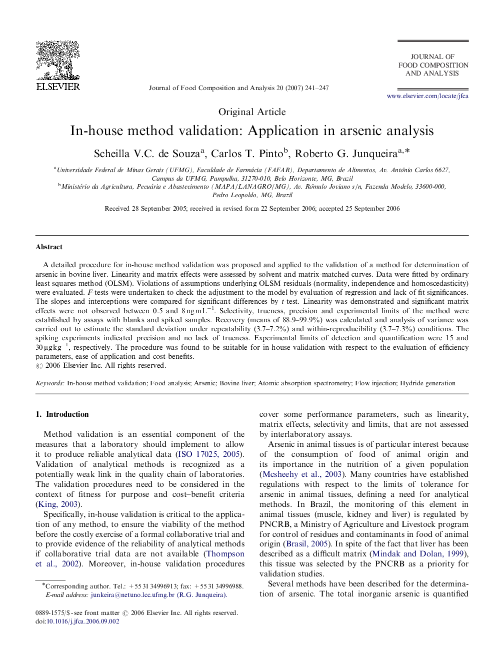 In-house method validation: Application in arsenic analysis