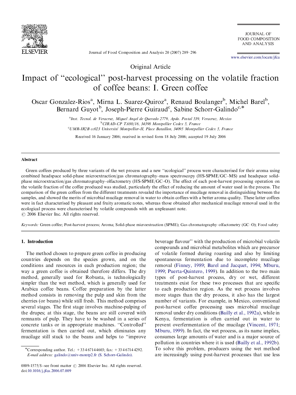 Impact of “ecological” post-harvest processing on the volatile fraction of coffee beans: I. Green coffee