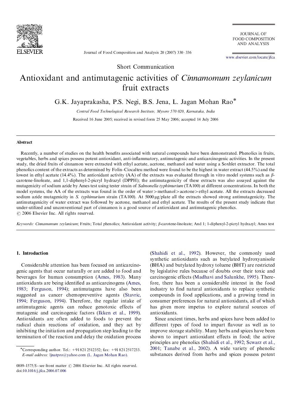 Antioxidant and antimutagenic activities of Cinnamomum zeylanicum fruit extracts