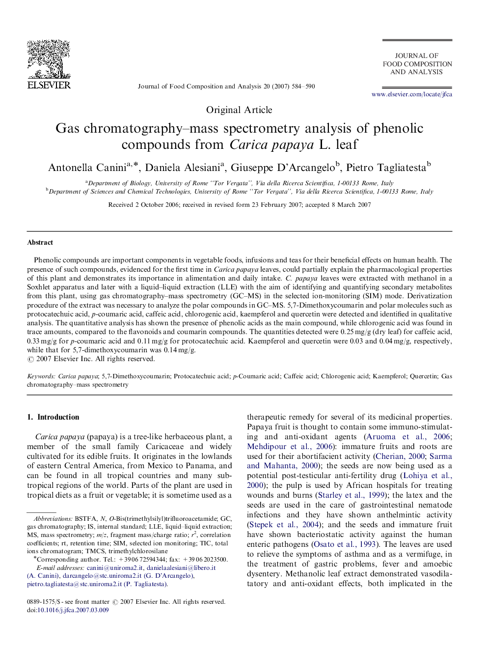 Gas chromatography–mass spectrometry analysis of phenolic compounds from Carica papaya L. leaf