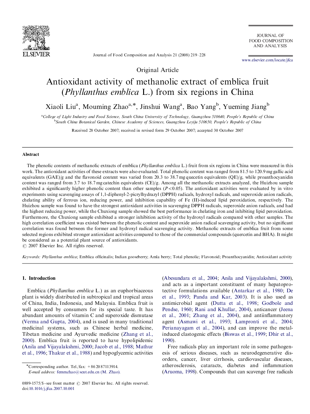 Antioxidant activity of methanolic extract of emblica fruit (Phyllanthus emblica L.) from six regions in China