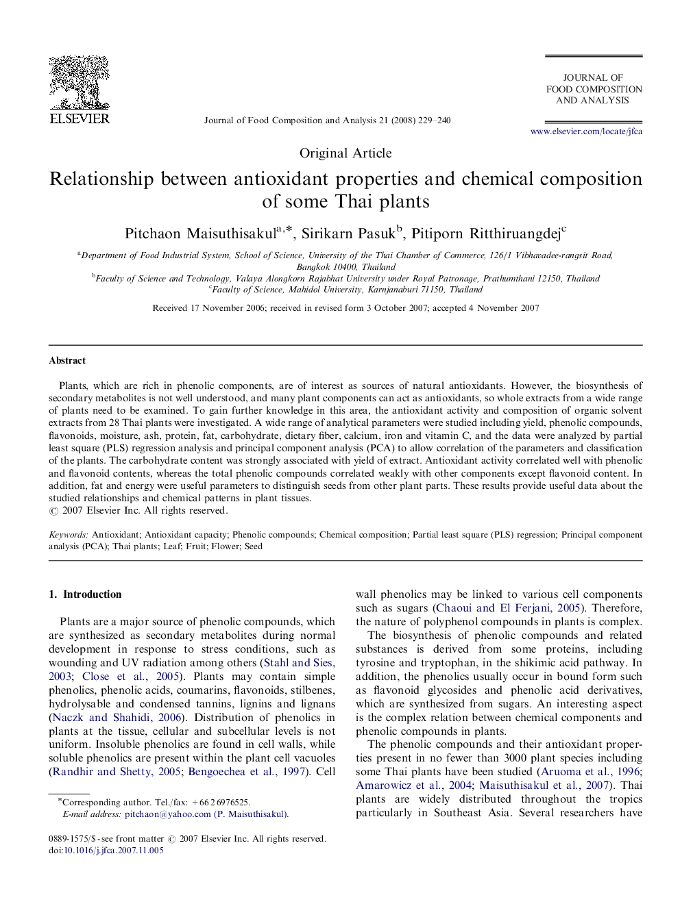 Relationship between antioxidant properties and chemical composition of some Thai plants