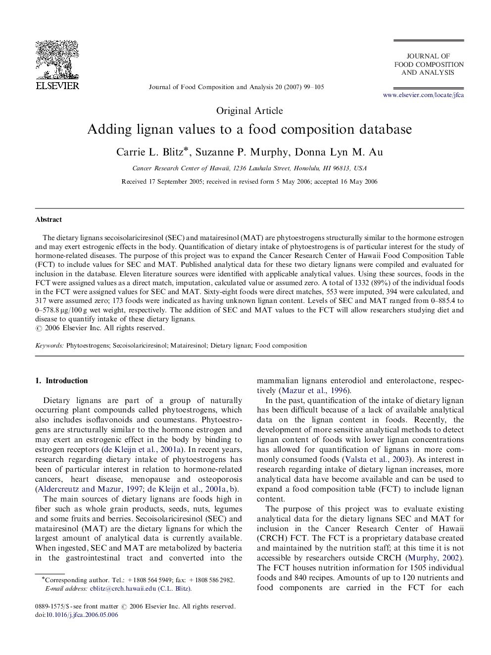 Adding lignan values to a food composition database