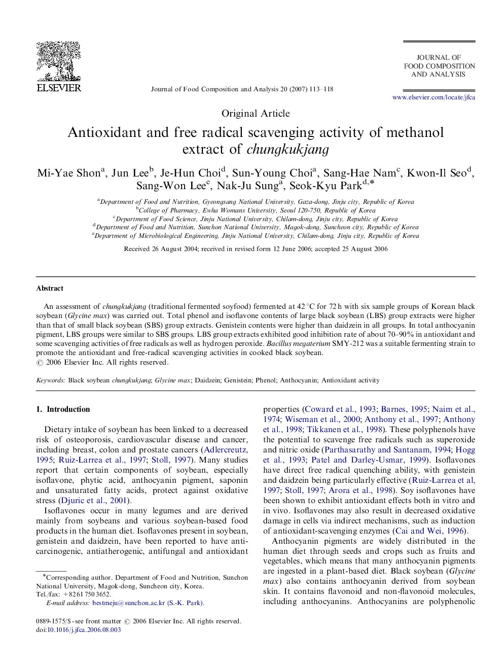 Antioxidant and free radical scavenging activity of methanol extract of chungkukjang