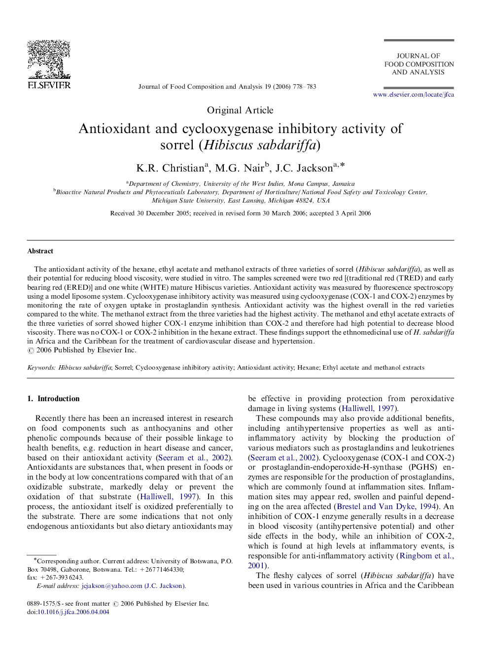 Antioxidant and cyclooxygenase inhibitory activity of sorrel (Hibiscus sabdariffa)