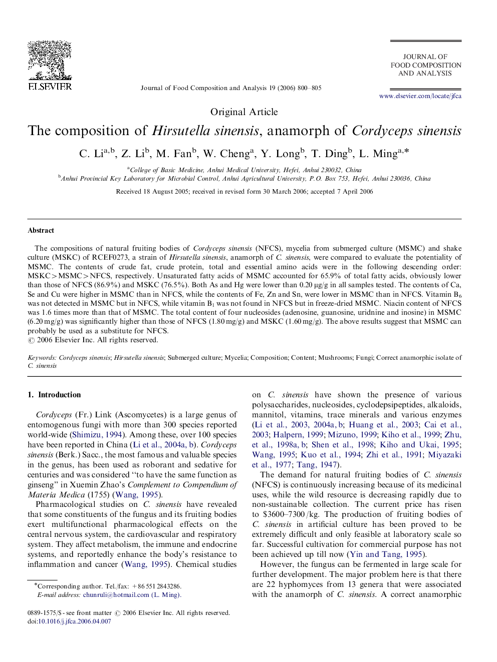 The composition of Hirsutella sinensis, anamorph of Cordyceps sinensis