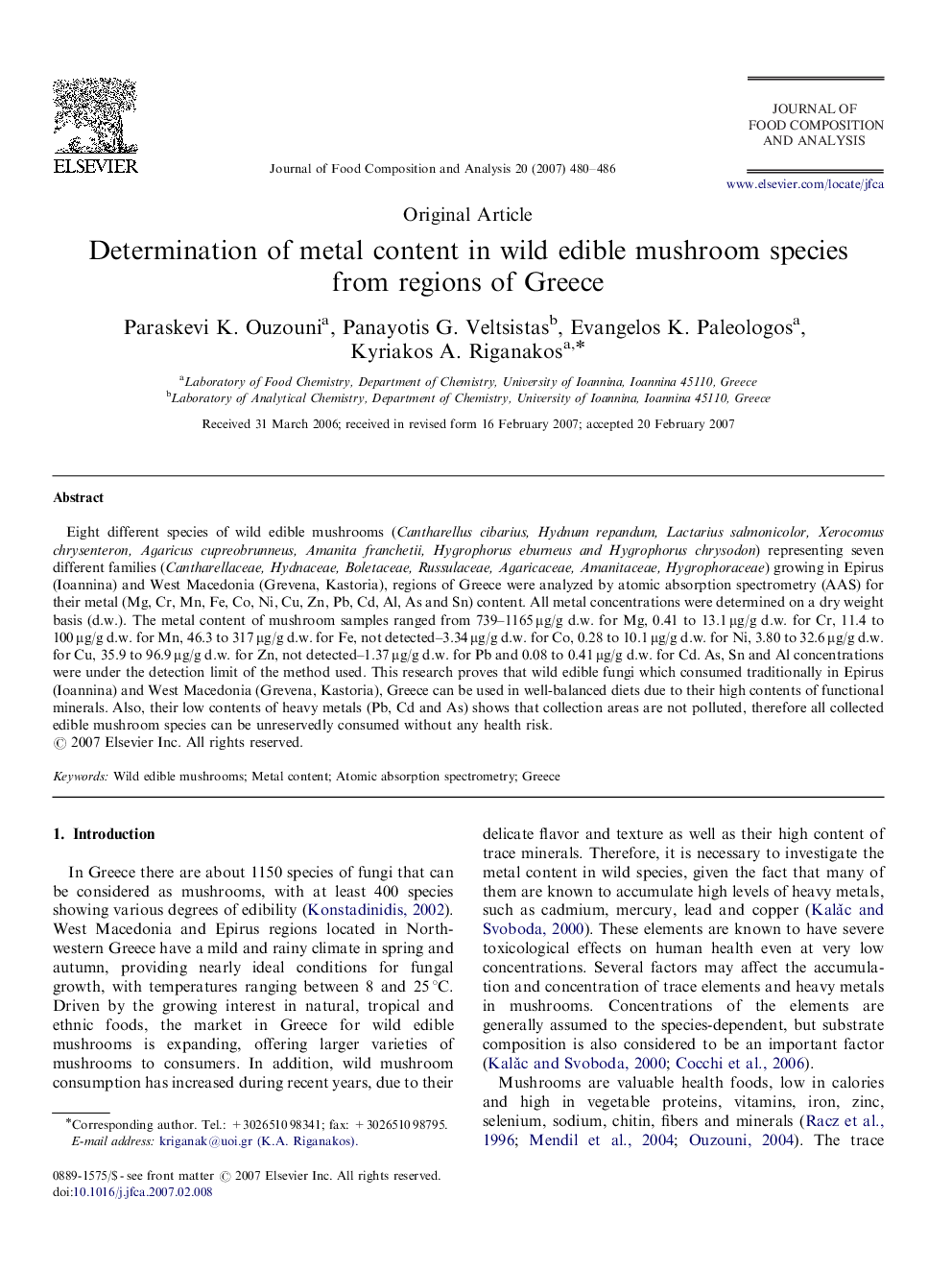 Determination of metal content in wild edible mushroom species from regions of Greece