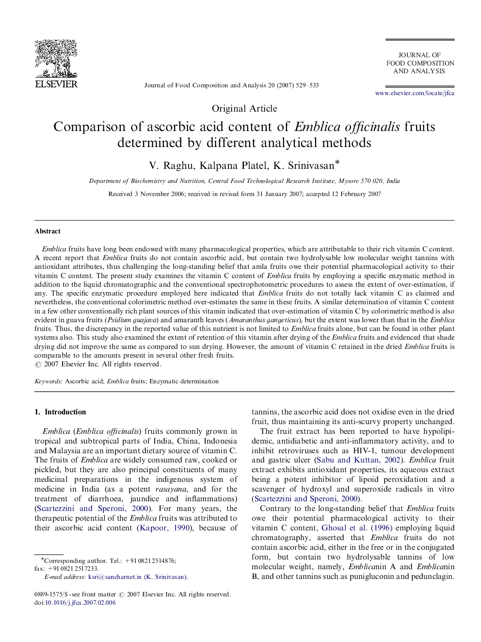 Comparison of ascorbic acid content of Emblica officinalis fruits determined by different analytical methods