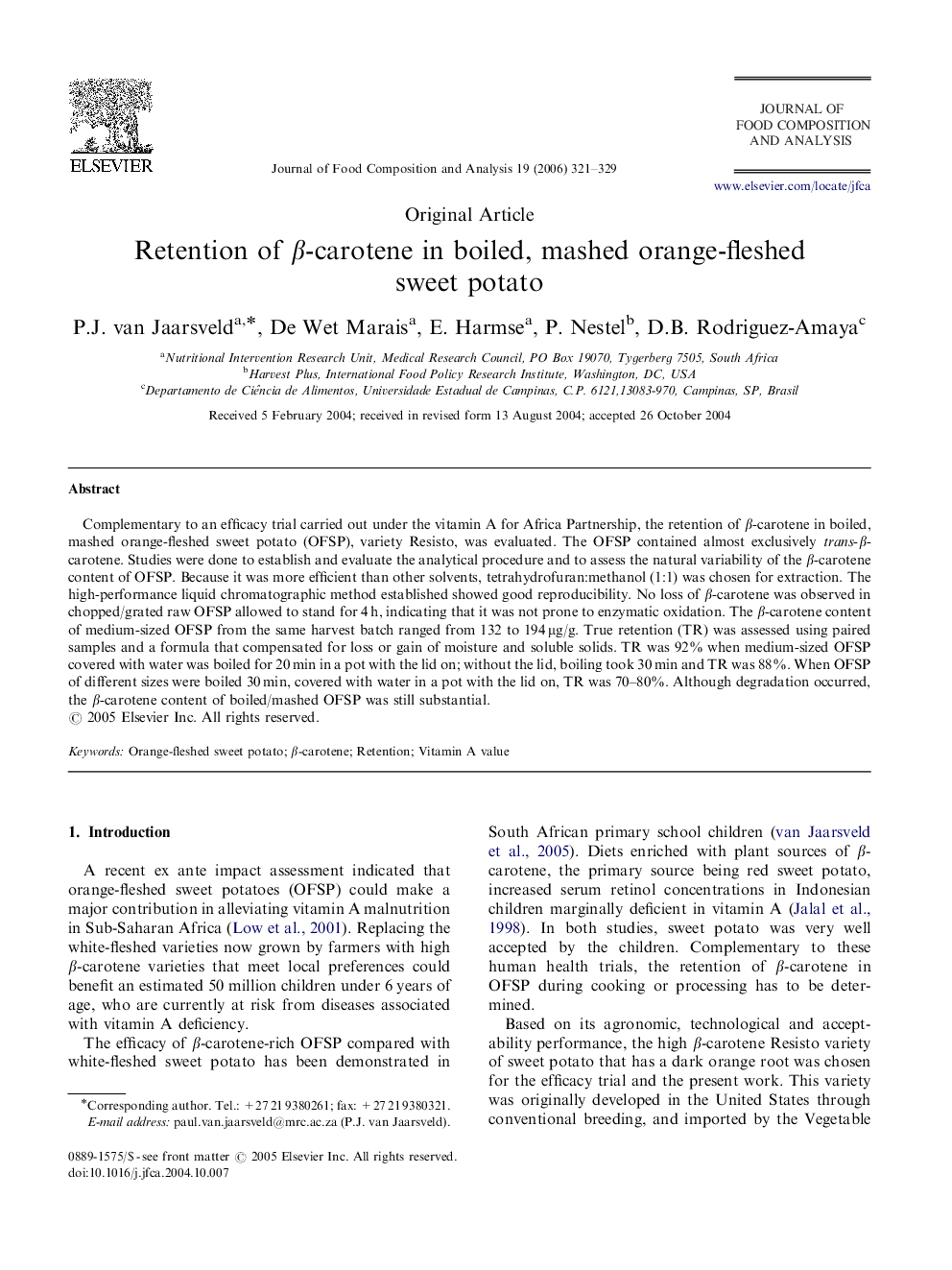 Retention of β-carotene in boiled, mashed orange-fleshed sweet potato