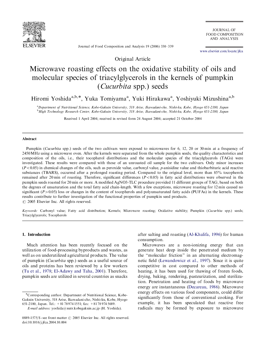 Microwave roasting effects on the oxidative stability of oils and molecular species of triacylglycerols in the kernels of pumpkin (Cucurbita spp.) seeds