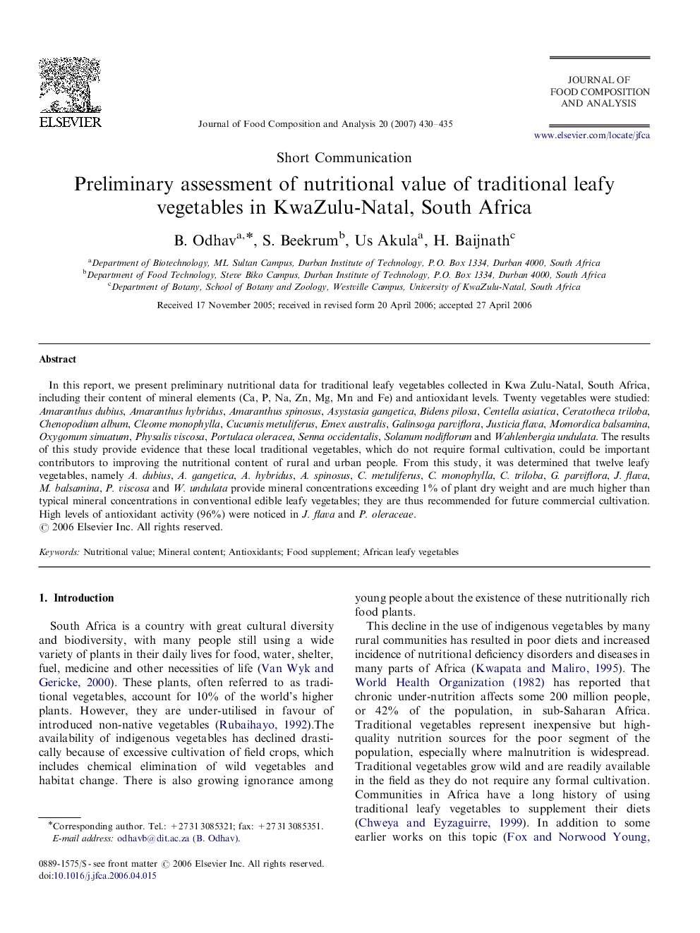 Preliminary assessment of nutritional value of traditional leafy vegetables in KwaZulu-Natal, South Africa