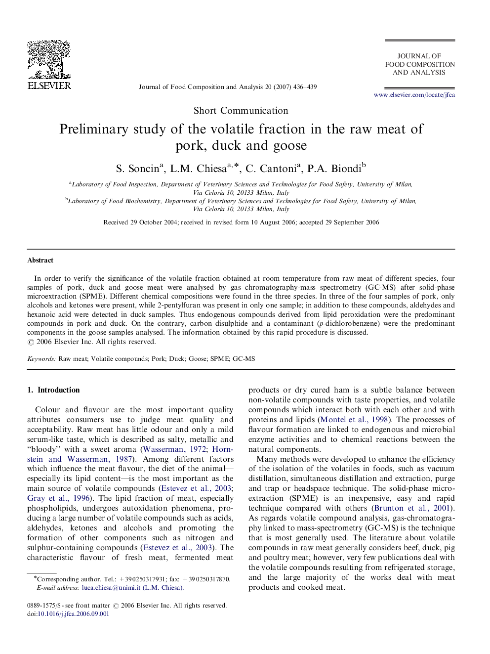 Preliminary study of the volatile fraction in the raw meat of pork, duck and goose