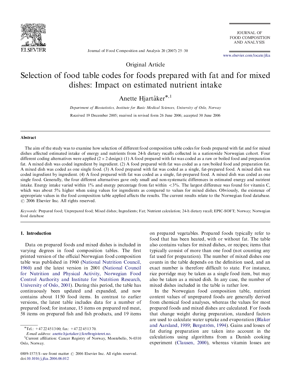 Selection of food table codes for foods prepared with fat and for mixed dishes: Impact on estimated nutrient intake